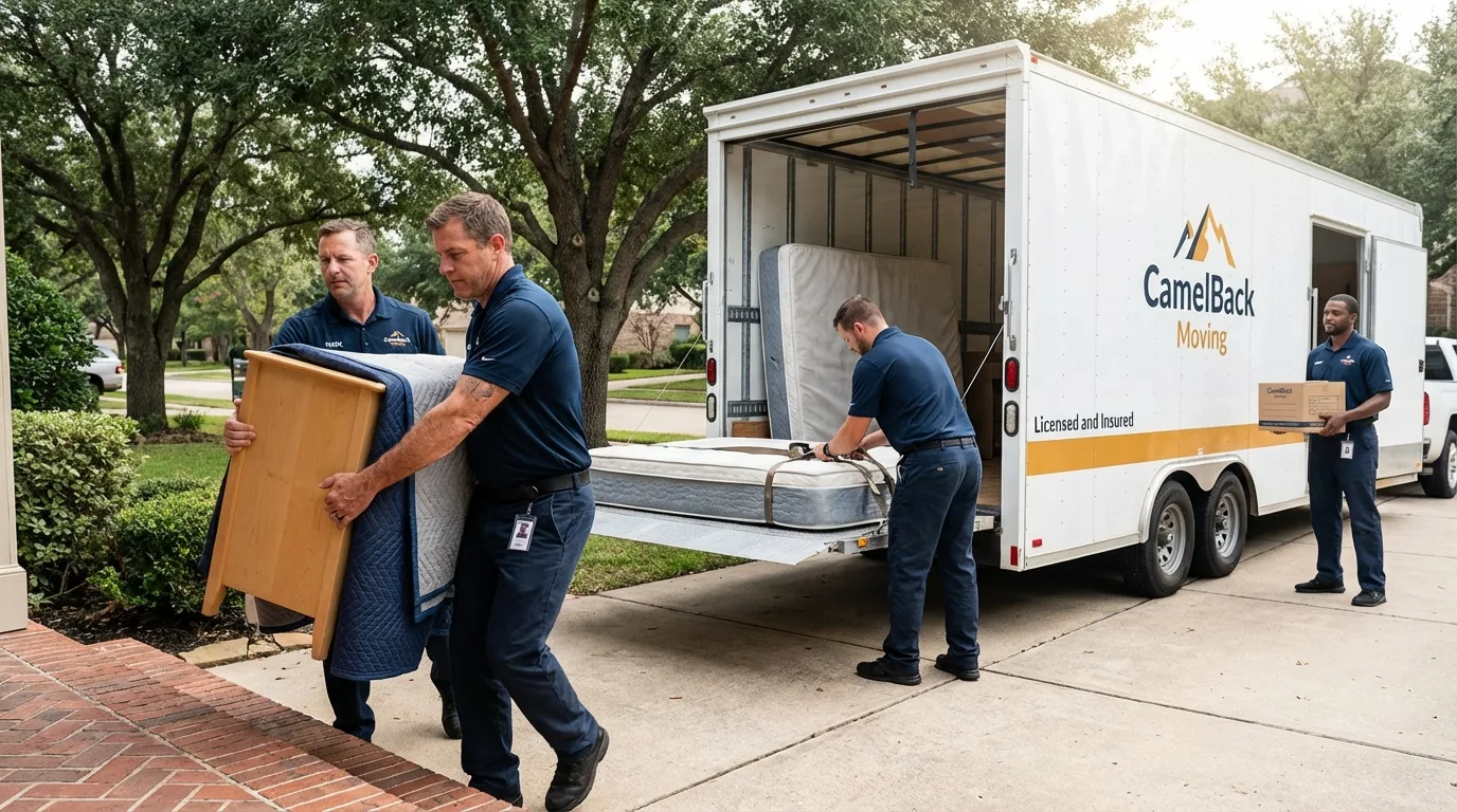 Crew loading residential truck for cross-state move from Peru, ME