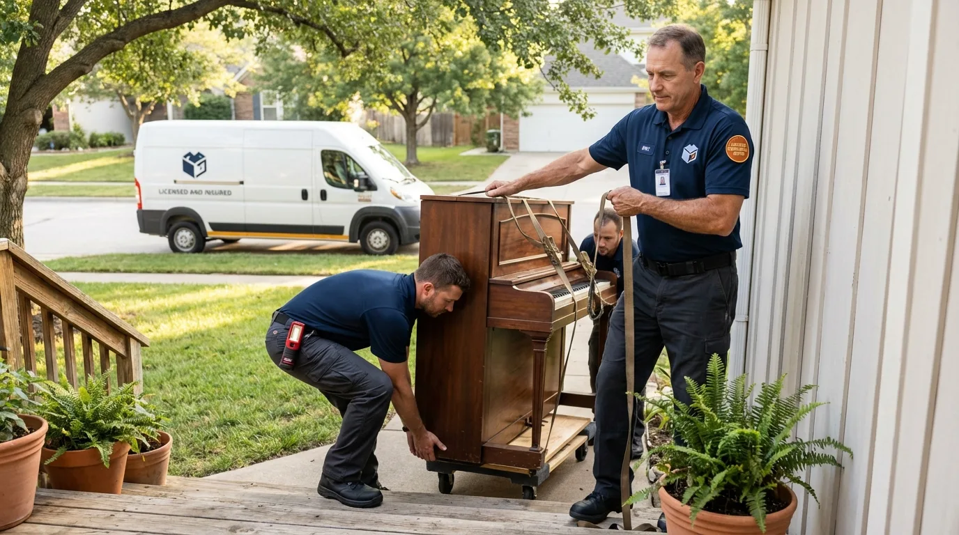 Licensed piano movers securing grand piano in Peru, ME