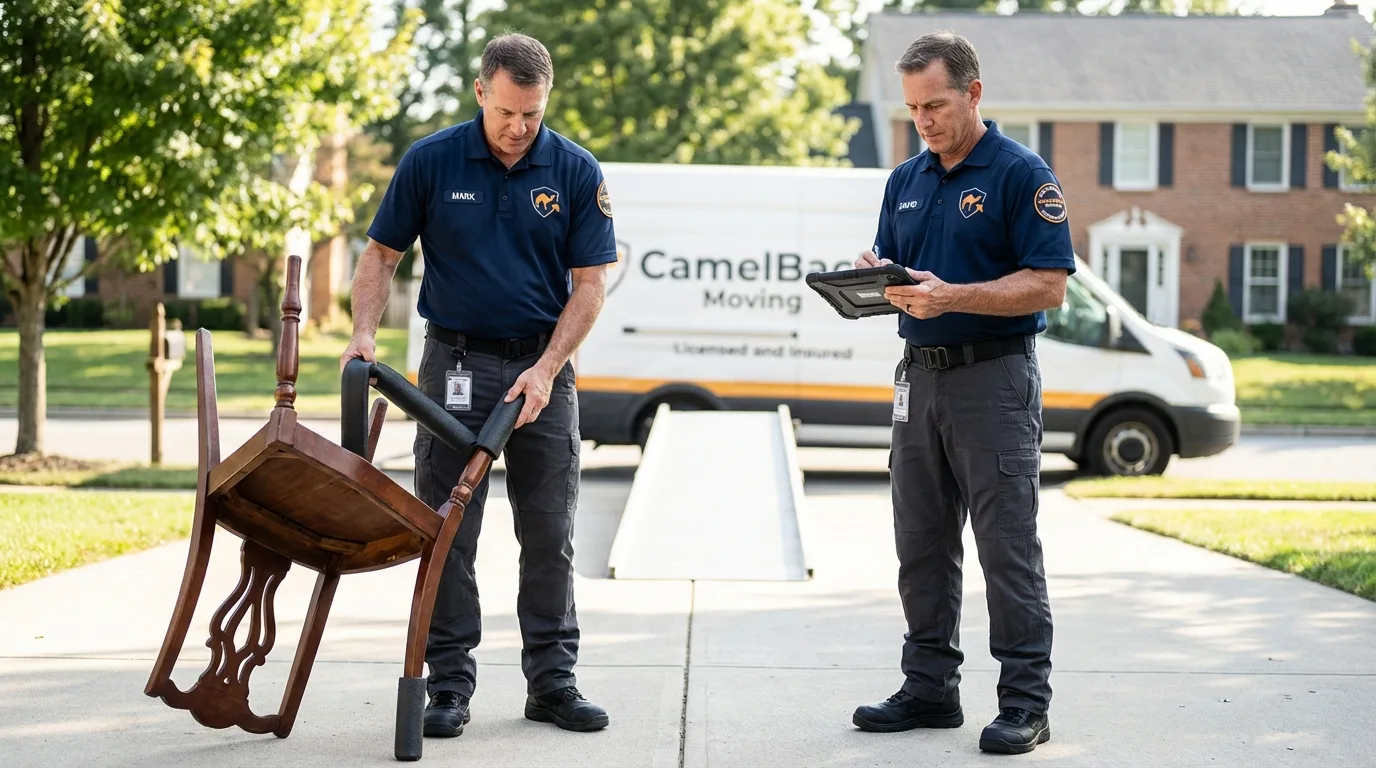 Movers inspecting furniture for damage prevention before loading in Peru, ME