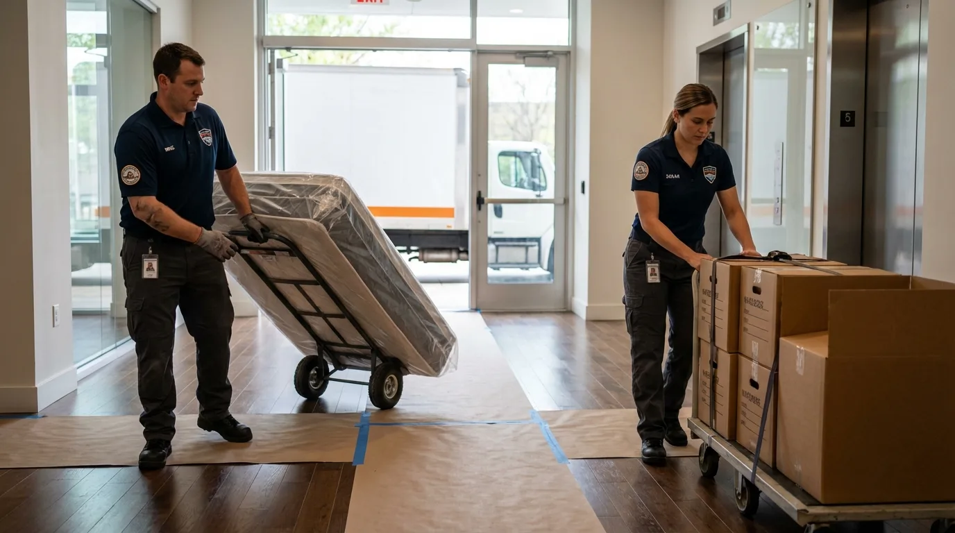 Professional apartment movers loading elevator in Peru, ME