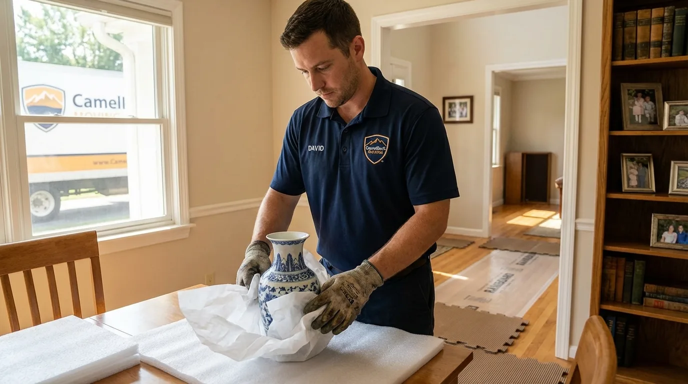 Professional crew carefully wrapping antique vase for senior downsizing move in Peru, ME