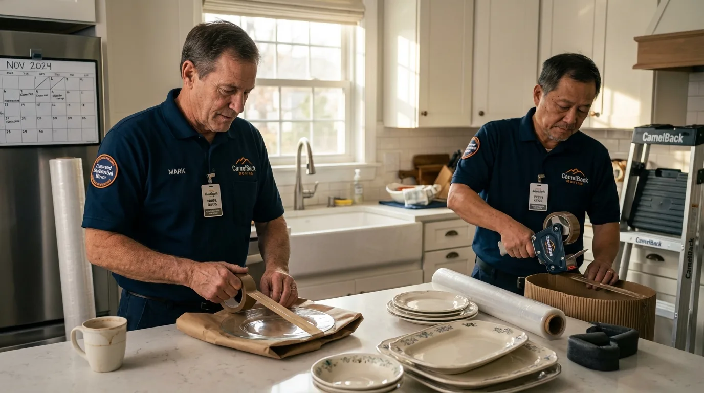 Professional crew packing kitchen dishware in Peru, ME